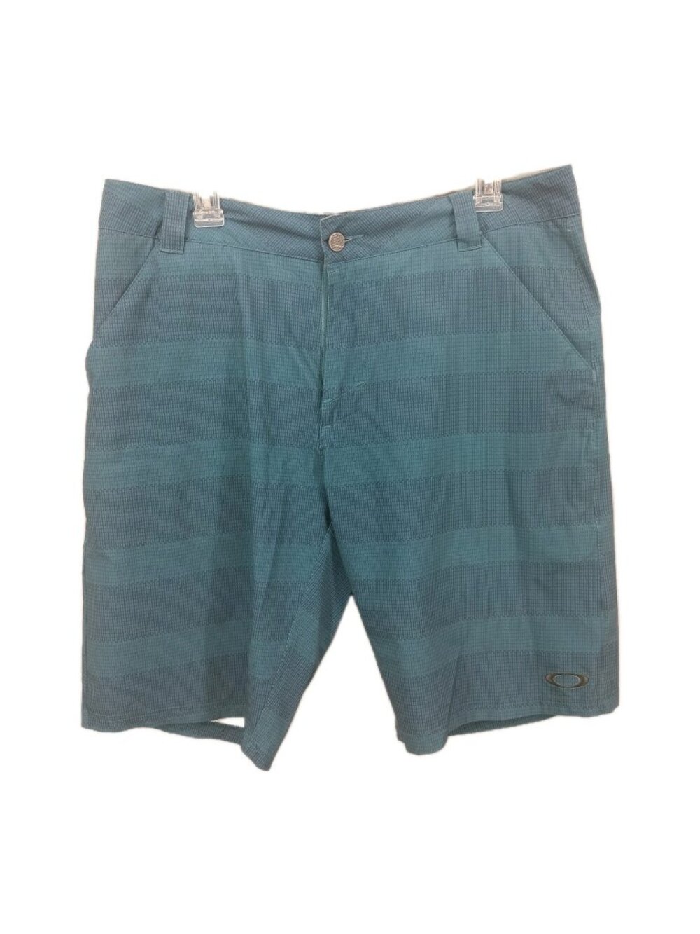 Oakley Men 34W Shorts Teal Blue Striped Performance Stretch Golf Flat Front Beac